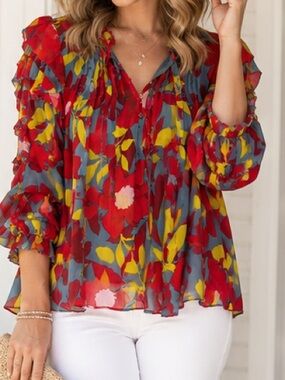 Karlie Women’s Floral Ruffle Blouse Red Blue Yellow Chiffon Top Small